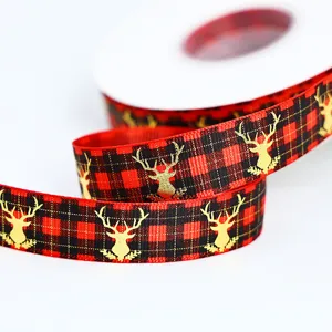 Ruban écossais rouge et noir de Noël avec tête de cerf dorée pour emballage de cadeau et déco