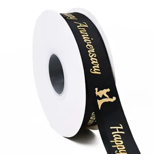 Nastro in poliestere nero da 2.5cm con stampa dorata Happy Anniversary per decorazioni e regali.