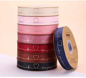 Gold stamped heart ribbon floral wrapping decorative bow fabric ribbon for gift packaging