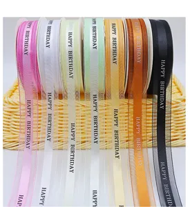 Multi-color gift wrapping ribbon with happy birthday text for baking party decoration boxes.