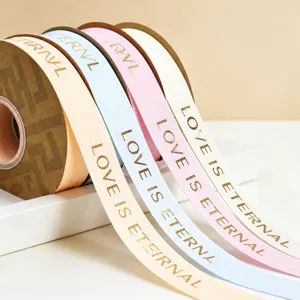 Gold Stamped English Letter Ribbon Satin Fabric Roll For Flower Bouquet Gift Wrapping Wedding Party Decoration