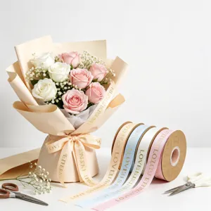 Gold stamping grosgrain ribbon for flower bouquet wrapping, decorative gift bow ribbon roll.