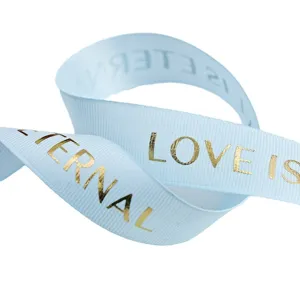 Light blue gold-stamped English decorative ribbon for flower bouquets and gift box packaging.