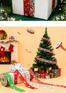 Close-up detail of Christmas grosgrain ribbon featuring cute holiday prints for gift wrapping.