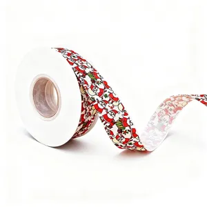 Christmas grosgrain ribbon with Santa Claus print, ideal for holiday gift wrapping decor.
