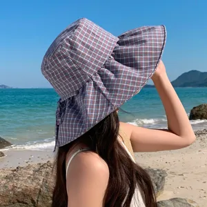 Chapeau bobs à carreaux femme été, chapeau de soleil à large bord pour voyage plage.