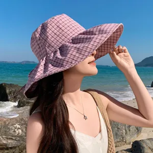 Femme ete carreaux grand bord chapeau de soleil style japonais plage protection uv bob.