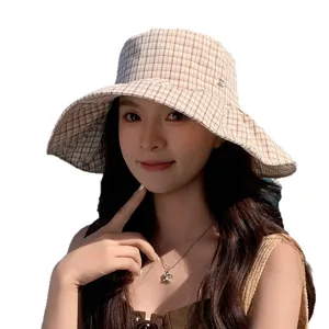 Chapeau bob à carreaux style japonais pour femme, chapeau de soleil à large bord pour l'été.