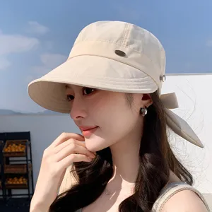 Dettaglio di cappello da sole beige da donna con fiocco posteriore e dettaglio in metallo.