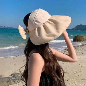 Damen Sommer Sonnenblende Hut mit grosser Krempe Strandhut atmungsaktiv elegante Schleife