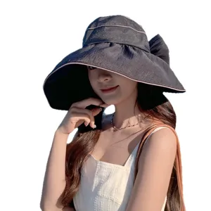 Damen große Krempe Sonnenschutz schwarzer Fischerhut mit elegantem Schleife für Strand Sommer.