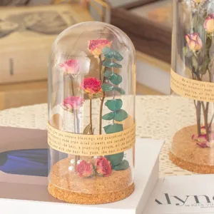 Glazen koepel met geconserveerde roos droogbloem decoratie verjaardag cadeautje