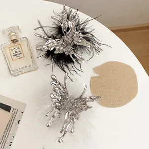 Liquid Metal Butterfly Ostrich Feather Hair Claw Clip Sweet Cool Cold Style Statement Hair Accessories For Women