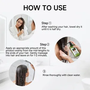Hair conditioner user guide detail image showing three simple steps for smooth, shiny hair.