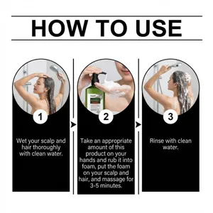 How to use steps detail for rosemary volume shampoo, showing scalp cleaning and hair care.