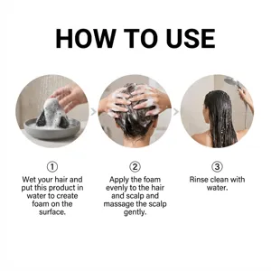 Graphique de détail d'utilisation montrant le guide étape par étape pour le shampooing solide.