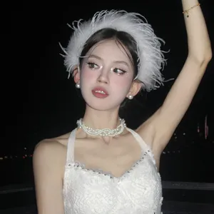 White ostrich feather headband fairy style elegant hair hoop fluffy headwear accessory