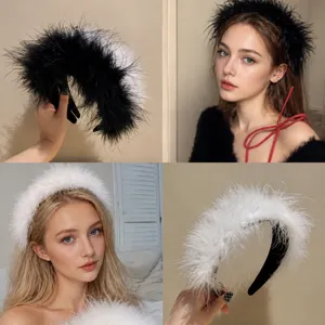 Fashion Feather Headband Women Winter Plush Hair Band Elegant Handmade Hair Accessories