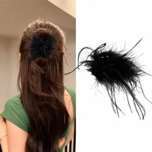 Black ostrich feather hair claw clip for women, fluffy shark clip for half-up hairstyles.