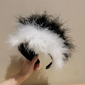 Black and white ostrich feather headband elegant fluffy hair hoop autumn winter hair accessory