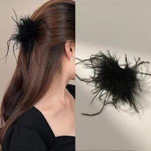 Black ostrich feather hair claw clip fluffy half up hair accessory for women stylish