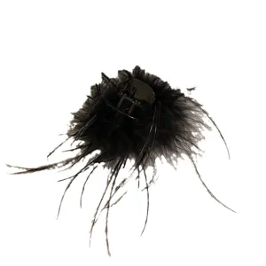 Black ostrich feather hair claw clip, fluffy hair accessory for women half up half down style.