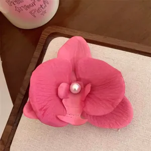 Ροζ τεχνητό κλιπ μαλλιών σε σχήμα ορχιδέας με πέρλα, κομψό αξεσουάρ για γυναίκες.