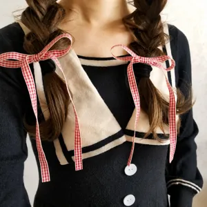 Japanese sweet red and white plaid bow hair tie for cute double ponytails and hairstyles.