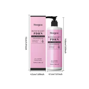 Detailed view showing dimensions, 100ml HOEGOA rosemary PDRN cooling thickening shampoo bottle.