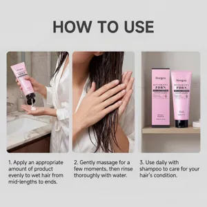 HOEGOA rosemary hair conditioner detail view showing step-by-step application guide for soft hair.