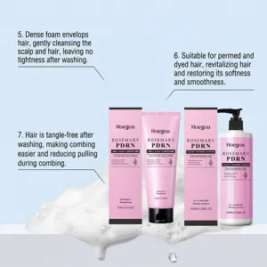 Hoegoa rosemary pdrn hair care product detail showing shampoo and conditioner bottles.