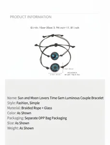Vue détaillée des bracelets lumineux soleil et lune avec corde tressée réglable.