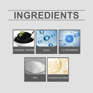 Grafica dettagliata degli ingredienti con polvere di carbone per volumizzante capelli.