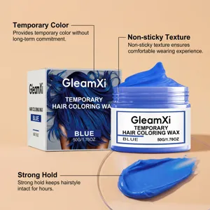 GleamXi blaue temporäre Haarfärbewachs Detailansicht mit Produktglas und Texturprobe.