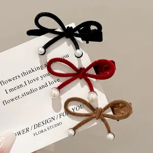 Flocked Bow Hair Clip Cute Pearl Duckbill Clip Sweet Side Hairpin Hair Accessories For Women
