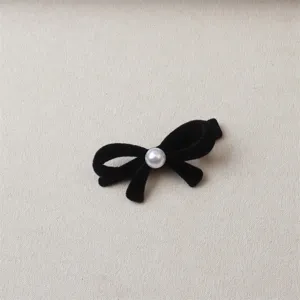 Black velvet bow hair clip with white pearl elegant side hairpin sweet daily hair accessory