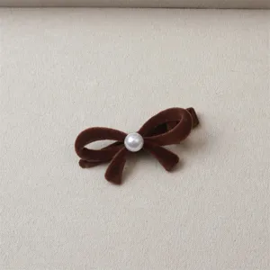 Brown velvet bow hair clip with faux pearl, cute side clip for women and girls daily styling.
