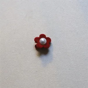 Red flocked flower hair clip with pearl center cute mini side hairpin for sweet styling
