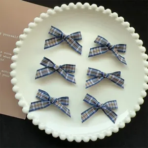 Sweet preppy plaid ribbon bow hair clip set, cute blue checkered hair accessories for daily.