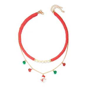 Double-layered Christmas necklace with red clay beads, snowman charm, and colorful bells
