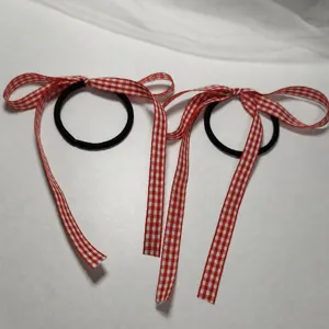 Red white gingham bow hair scrunchies cute ribbon hair ties for women and girls daily wear