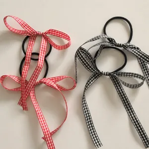 Cute Japanese plaid bow hair ties red black ribbon scrunchies for sweet girls ponytail 1pc