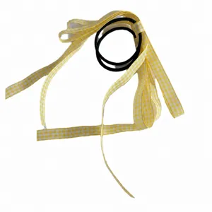 Yellow gingham ribbon hair tie with black rubber band, cute Japanese style hair accessory.