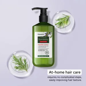 Detail view of GleamXi rosemary volumizing hair conditioner bottle with botanical props.