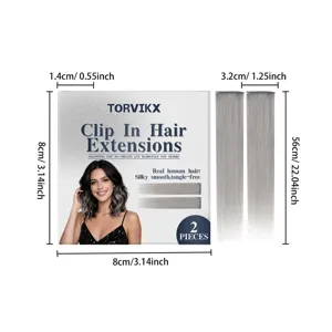 TORVIKX silver clip in hair extensions, 2 pieces long straight human hair natural look.