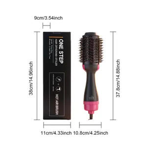 Detailed presentation of One Step 4-in-1 hot air hair dryer brush with clear box dimensions.