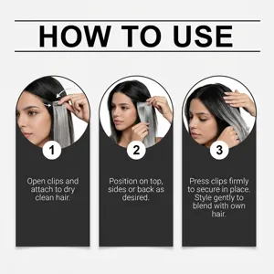 Step-by-step instruction guide showing how to attach silver grey clip-in hair extensions easily.