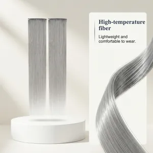 Detailed view of silver grey clip-in hair extensions made from high-temperature fiber.