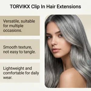 TORVIKX silver grey clip-in hair extensions, easy to wear for volume and natural daily length.