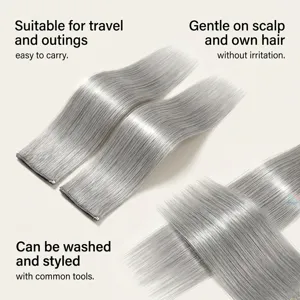 Silver clip-in hair extensions, silky soft synthetic hair, easy to wear for daily volume.